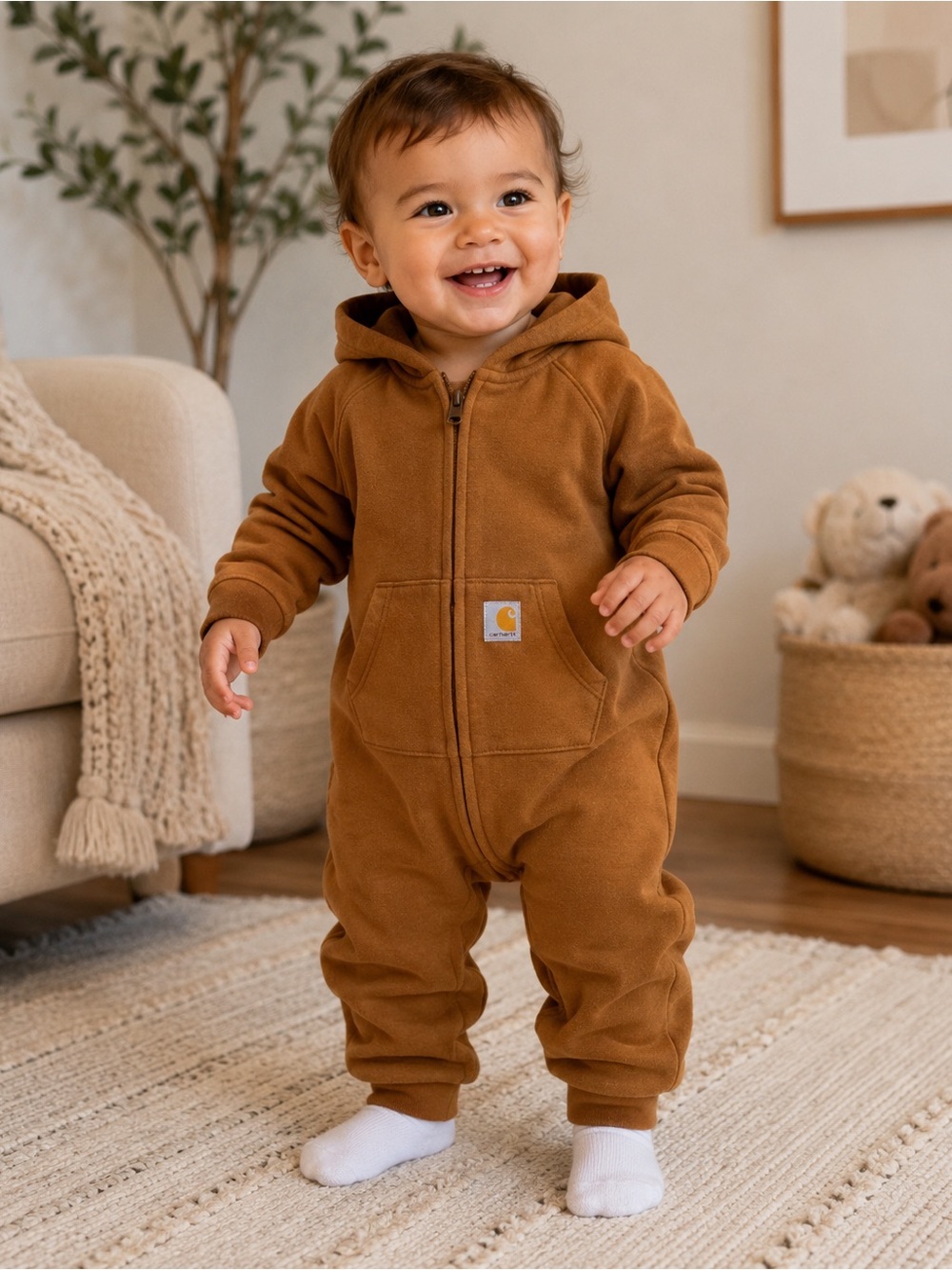 Carhartt Infant Boys' Fleece Zip Front Long Sleeve Coverall in brown 18 M